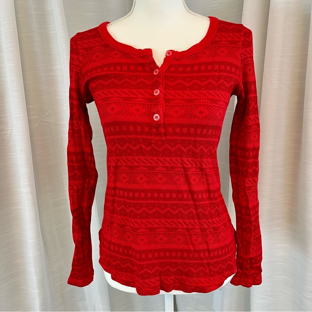 SPLENDID Red Patterned Top Long Sleeve Button Front Size Large